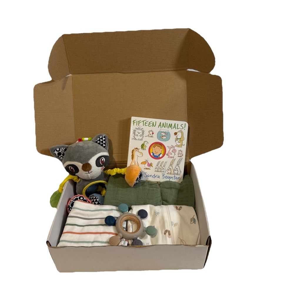 Baby Boy Shower Animal Themed Gift Box, Book, Toy, Outfits & Other Essentials
